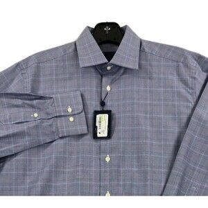 David Donahue Dress Shirt Mens 16 32/33 Blue Plaid Spread Collar Cotton